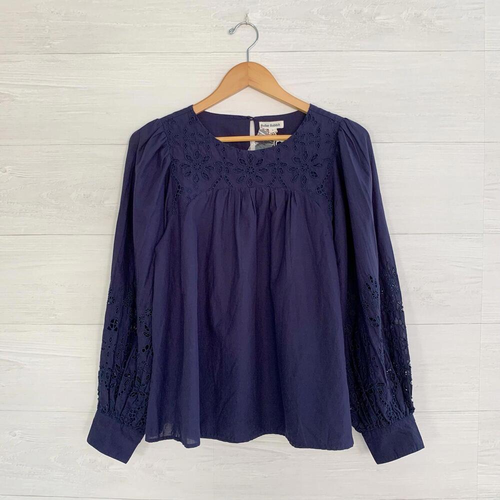 NWT Roller Rabbit ANTHROPOLOGIE Navy blue cotton eyelet puffy gathered sleeves S